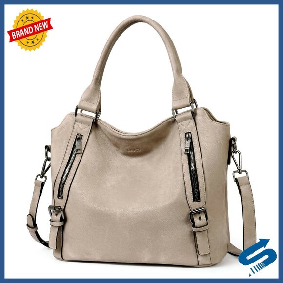 Handbags - Large Vegan Leather Hobo Bag with Multiple Pockets, Adjustable Strap